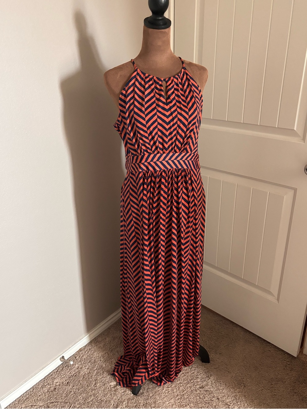 Loft Maxi Halter Chevron Dress in Coral and Navy